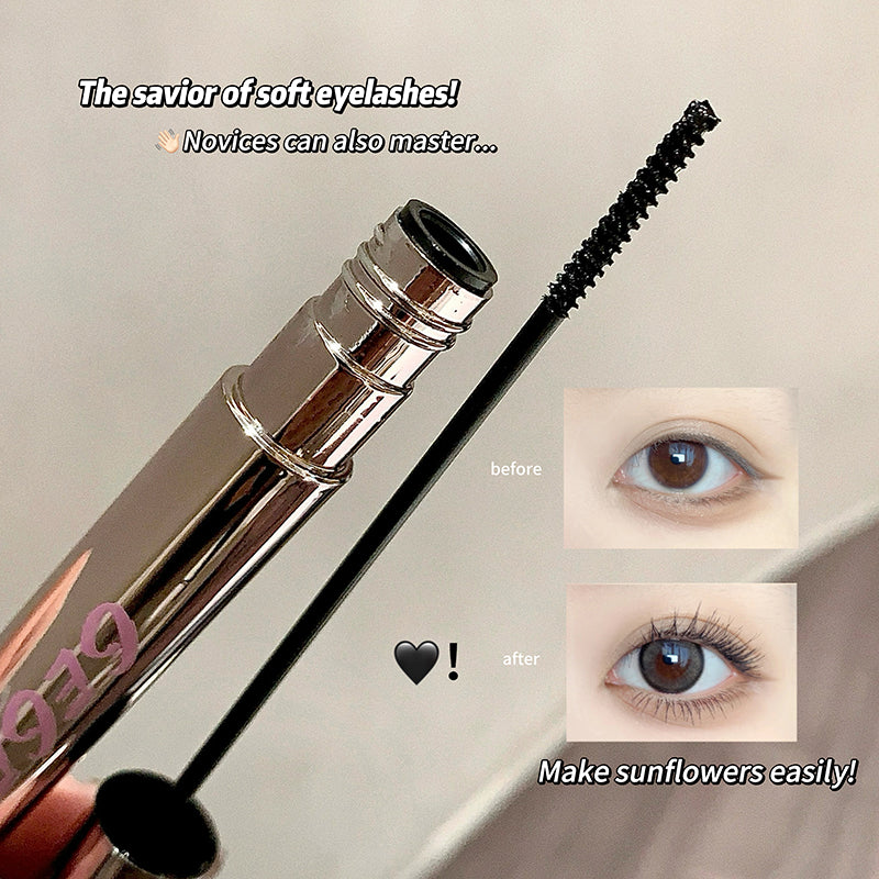 Eyelash product with before and after effects on eyes, featuring a brand name.