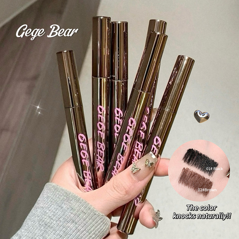 Hand holding multiple Gege Bear makeup products with color swatches on a neutral background