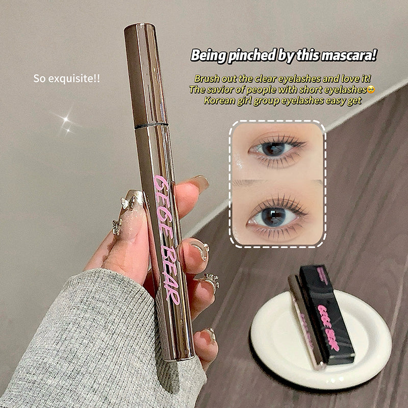 Mascara with 'Bee Bear' branding held by a hand, close-up of an eye with added lashes, and text on a neutral background.