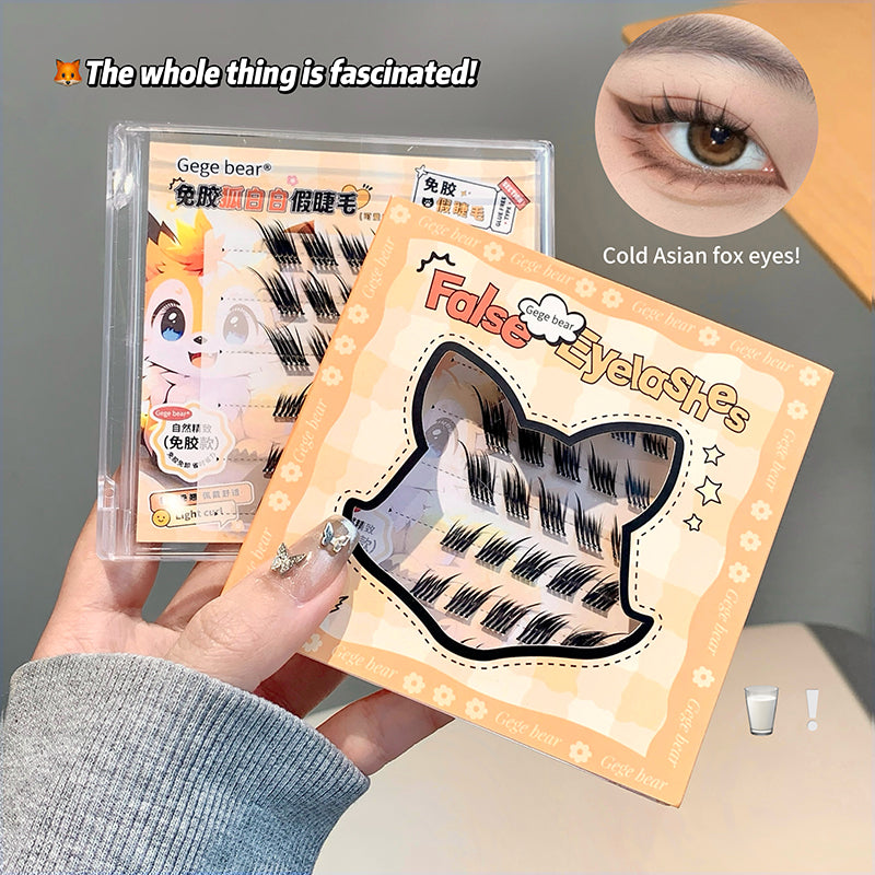 False eyelashes packaging with a hand holding it, close-up of an eye wearing the eyelashes.