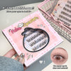 Box of false eyelashes with a hand holding it, close-up of an eye wearing the lashes, and text on a light background.