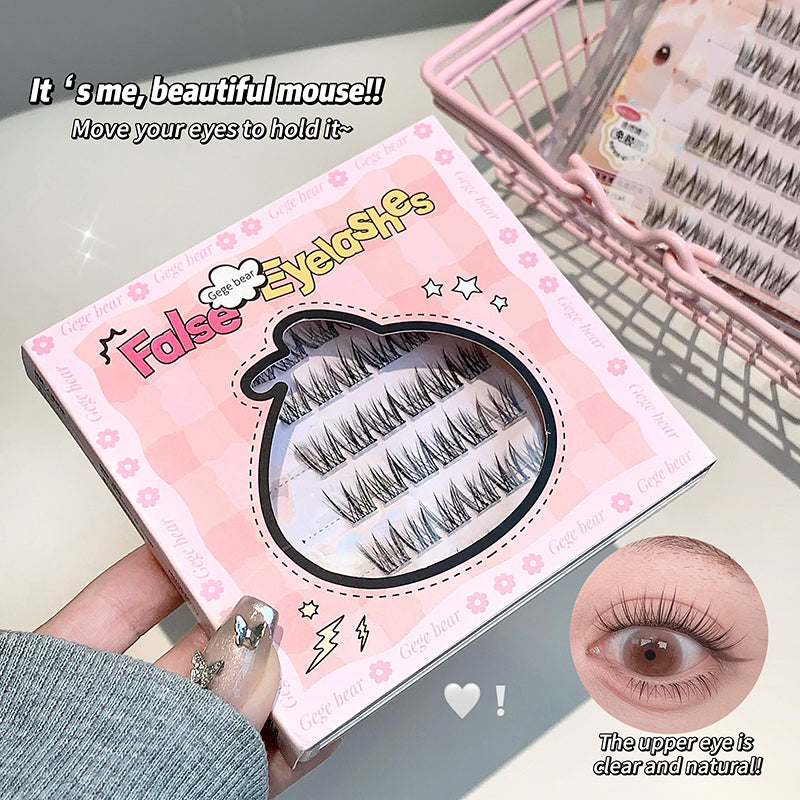 Box of false eyelashes with a hand holding it, close-up of an eye wearing the lashes, and text on a light background.