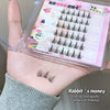 False eyelashes in packaging with a sample on skin, held by a hand.