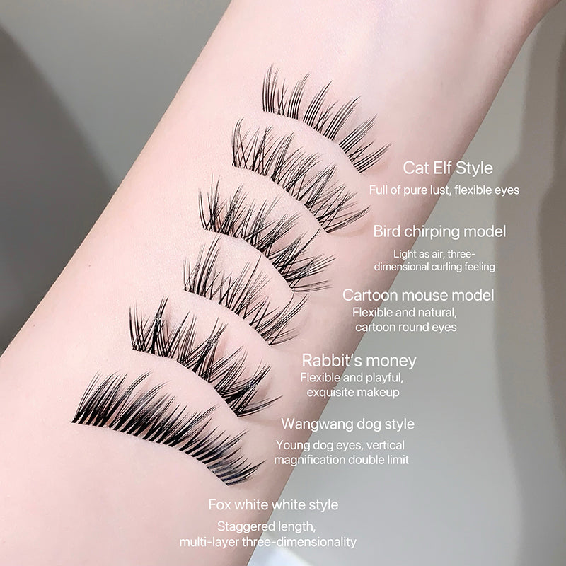 Set of false eyelashes with labeled styles on a neutral background
