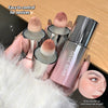 Makeup product with applicators and a close-up of a person's face, held by a hand.