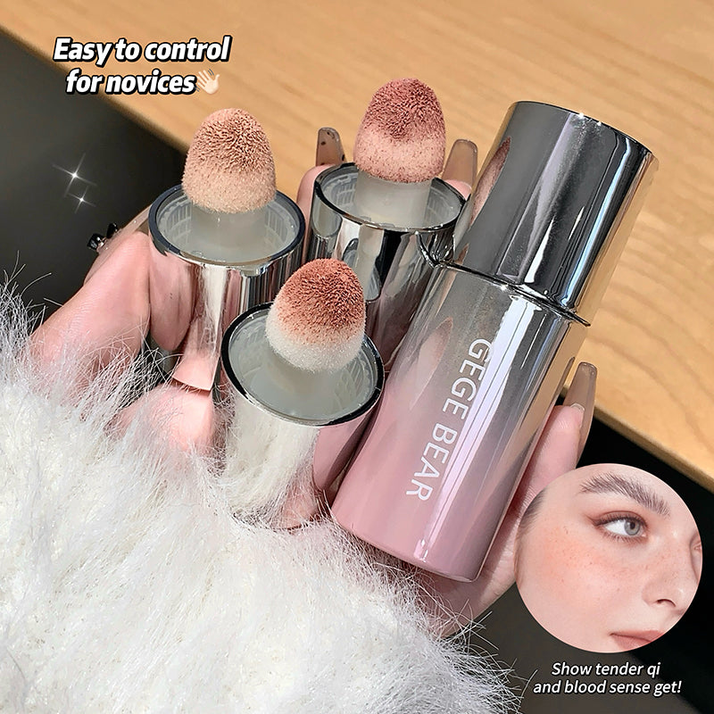 Makeup product with applicators and a close-up of a person's face, held by a hand.