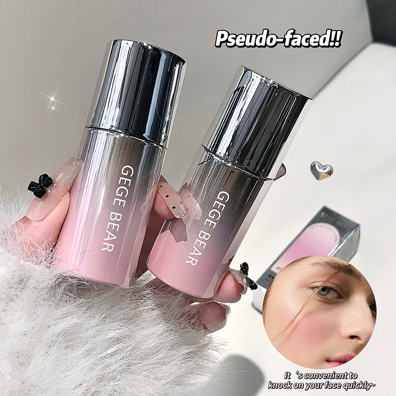 Two GEGE BEAR skincare bottles with a close-up of a person's face applying the product.