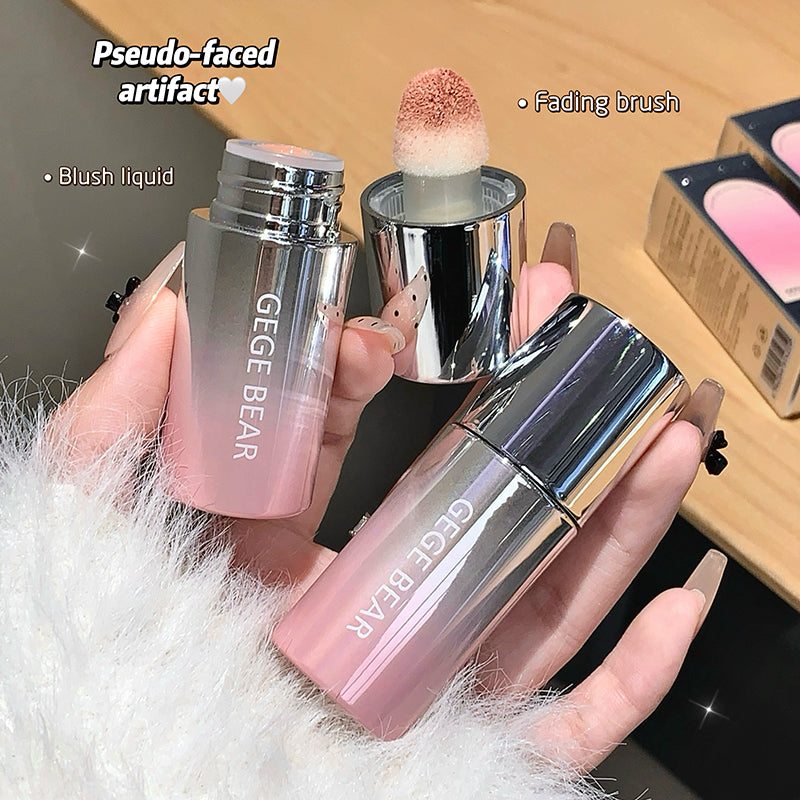 Hand holding makeup products with 'GEGE BEAR' branding on a wooden surface.