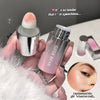 Hand holding a makeup product with 'GEGE BEAR' branding, surrounded by text and an inset of a person's face.