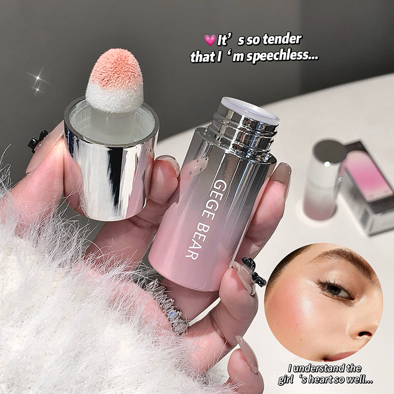Hand holding a makeup product with 'GEGE BEAR' branding, surrounded by text and an inset of a person's face.