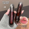 Two dark red lip glosses with 'Gege bear' branding held by a hand, with a close-up of lips wearing the gloss.