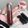 Red lipstick held by a hand with 'Gege bear' branding, close-up of lips wearing the lipstick, and additional lipsticks in the background.