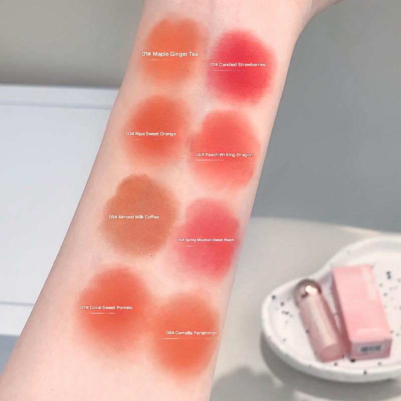 Lipstick swatches on a person's arm with product names labeled, set against a neutral background.