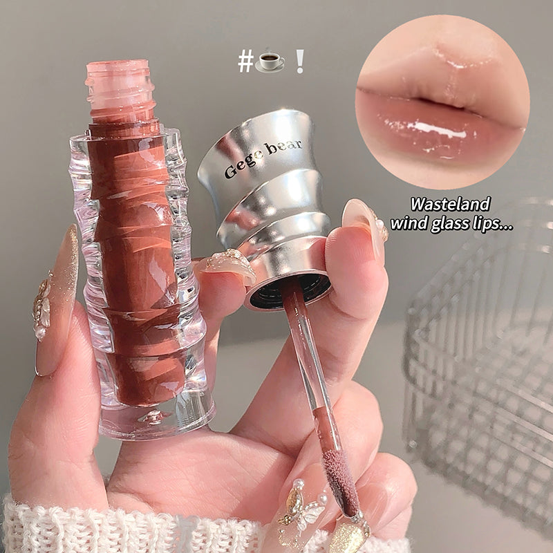 Lip gloss being applied with a brush, close-up of lips, and 'Geege bear' branding.