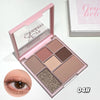 Makeup palette with eyeshadows and a close-up of an eye wearing the product, on a white background.