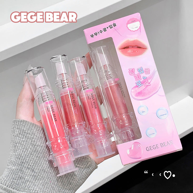 Set of GEGE BEAR lip glosses with packaging on a white background