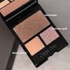 Makeup palette with gold brown, shimmer gold, and warm apricot shades on a gray background.