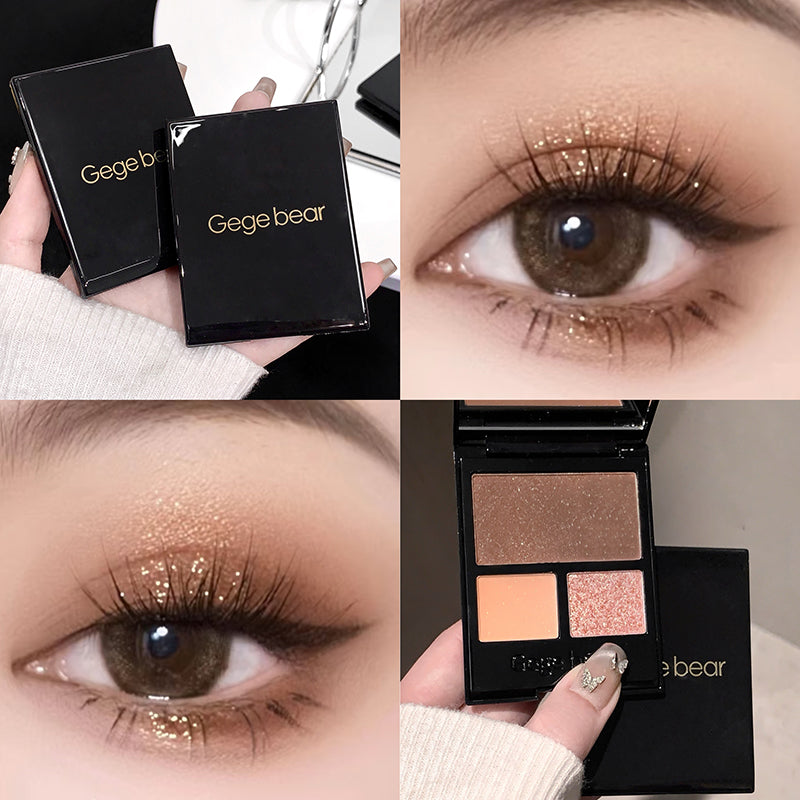 Collage of Gege bear makeup products with close-ups of an eye wearing the makeup.