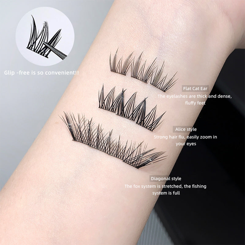 False eyelashes displayed on a person's arm with product names and descriptions.