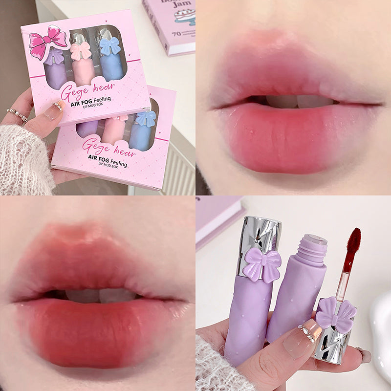 Collage of a pink lip gloss set, lips with gloss, and lip gloss applicators.