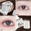 Collage of false eyelash packaging and application on a brown eye.