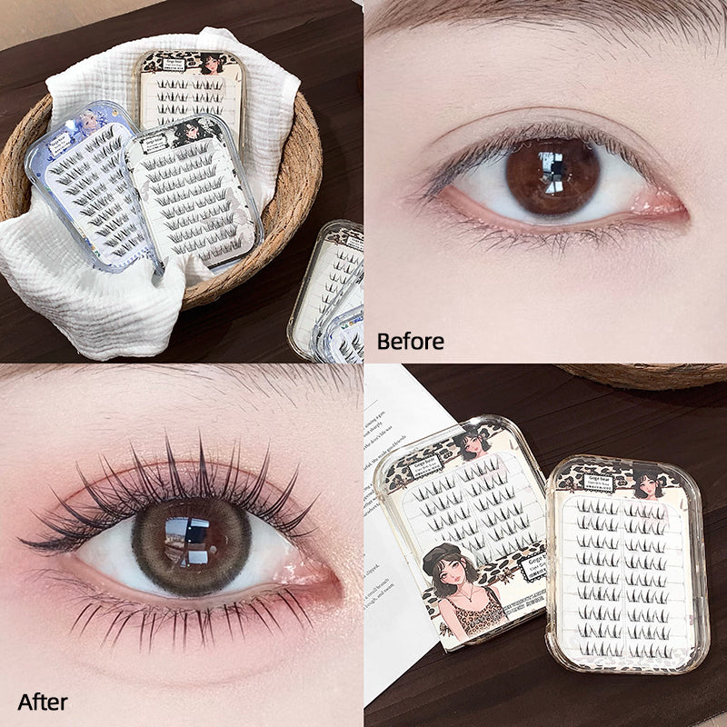 Collage of false eyelash packaging and application on a brown eye.