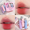 Collage of lipstick products with packaging and close-up of lips wearing the lipstick.