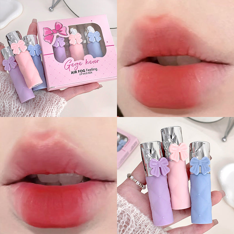 Collage of lipstick products with packaging and close-up of lips wearing the lipstick.
