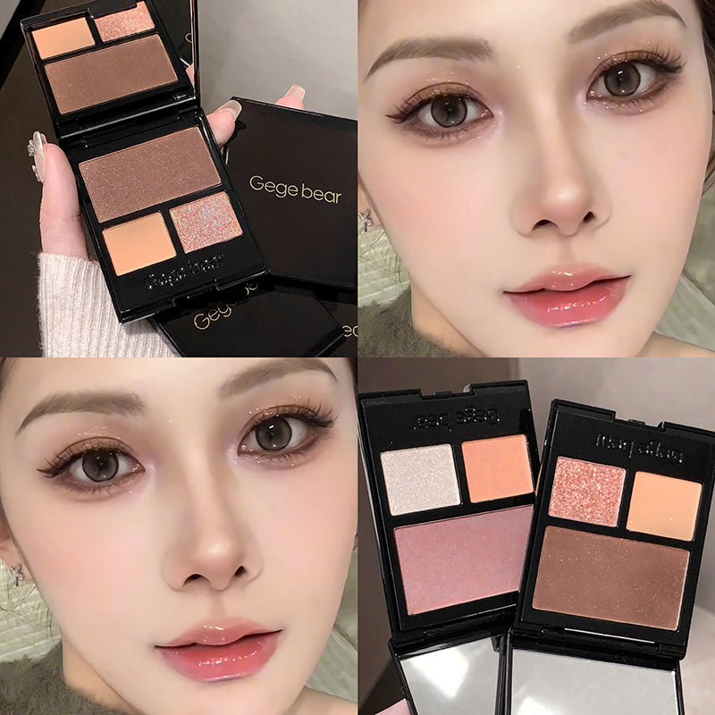 Makeup product with 'Gege bear' branding and close-up of a person wearing makeup.