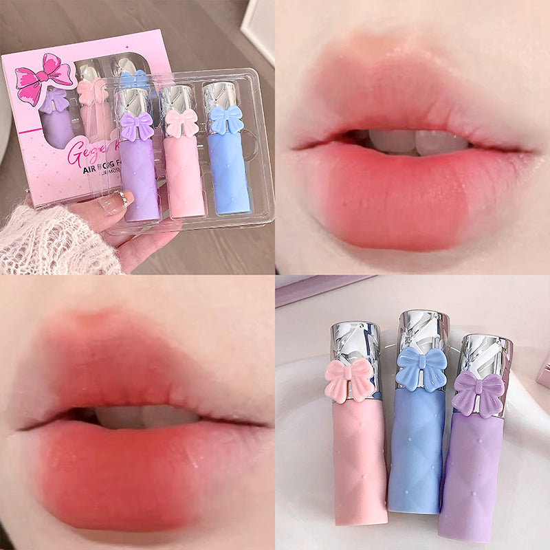Collage of three images showing pastel-colored lip glosses with bows, a close-up of lips wearing pink lipstick, and the packaging.