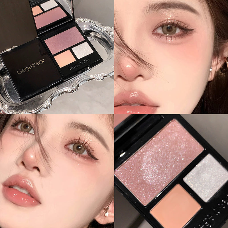 Makeup palette with 'Gige bear' branding, close-up of eyes and lips, and detailed view of the palette.