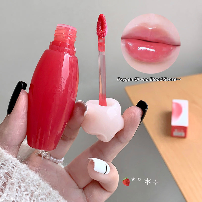 Red lip gloss with applicator held by a hand, close-up of lips wearing the gloss, and product packaging.