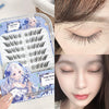 False eyelashes in a box with a decorative cover, applied to a person's eye.