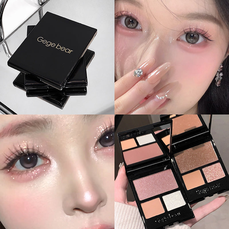 Collage of makeup products including a compact powder case, eye makeup, and a palette with 'Gege bear' branding.