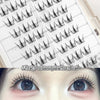 Eyelash extensions on a tray with a close-up of applied eyelashes on eyes.