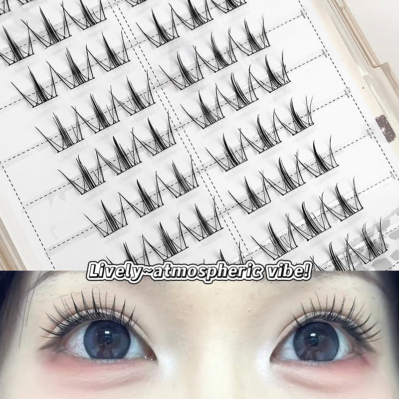 Eyelash extensions on a tray with a close-up of applied eyelashes on eyes.