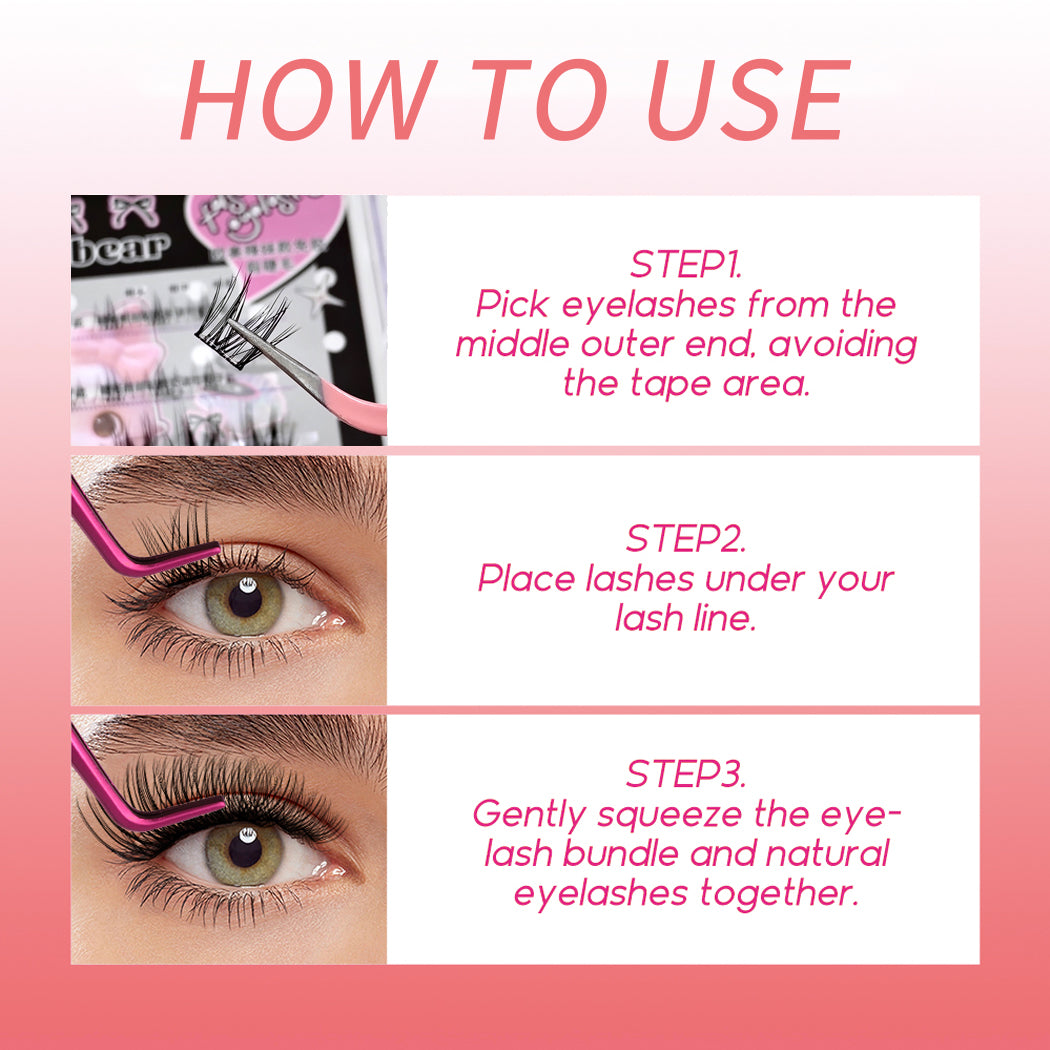 Instructions on how to use false eyelashes with text and images.