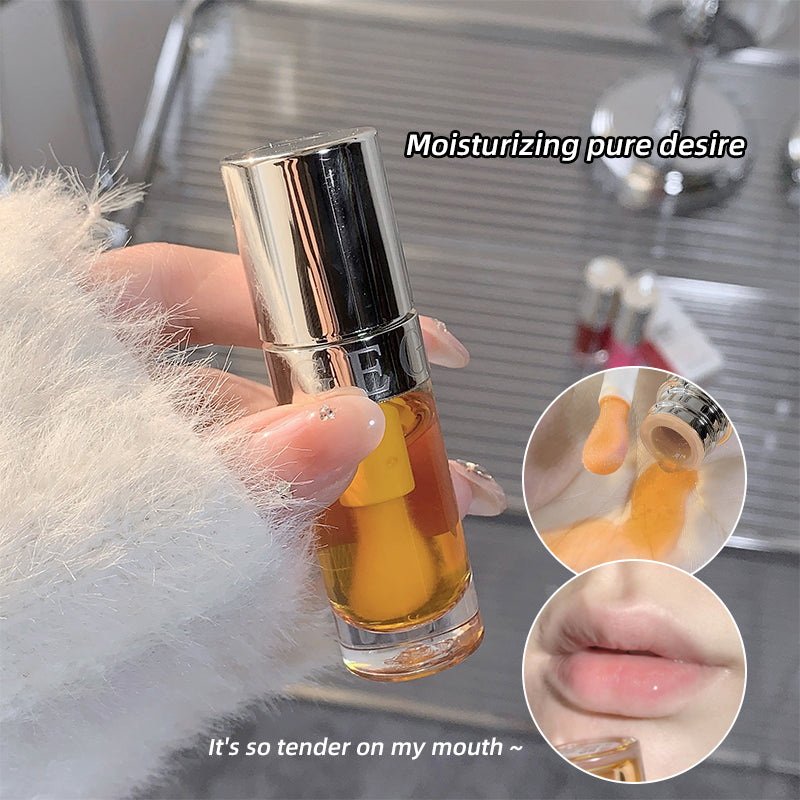 Hand holding a small bottle of liquid with close-up insets, set against a blurred bathroom background.
