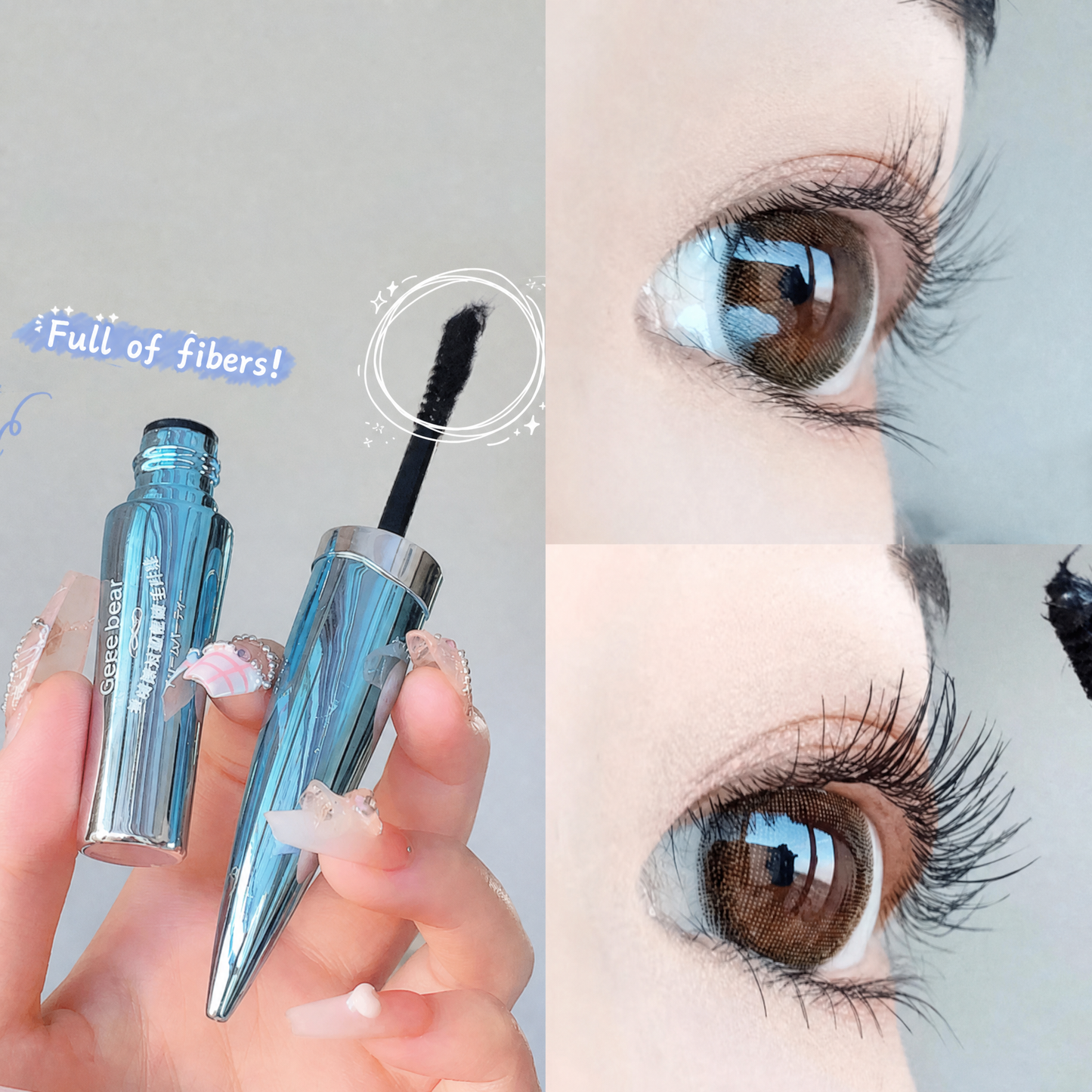 Mascara with close-up of application on eye, labeled 'Full of fibers'.