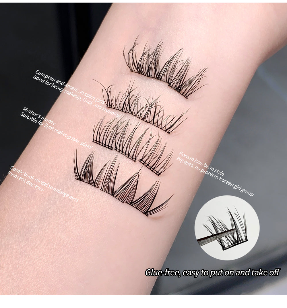 Set of false eyelashes displayed on a person's arm with text describing features.
