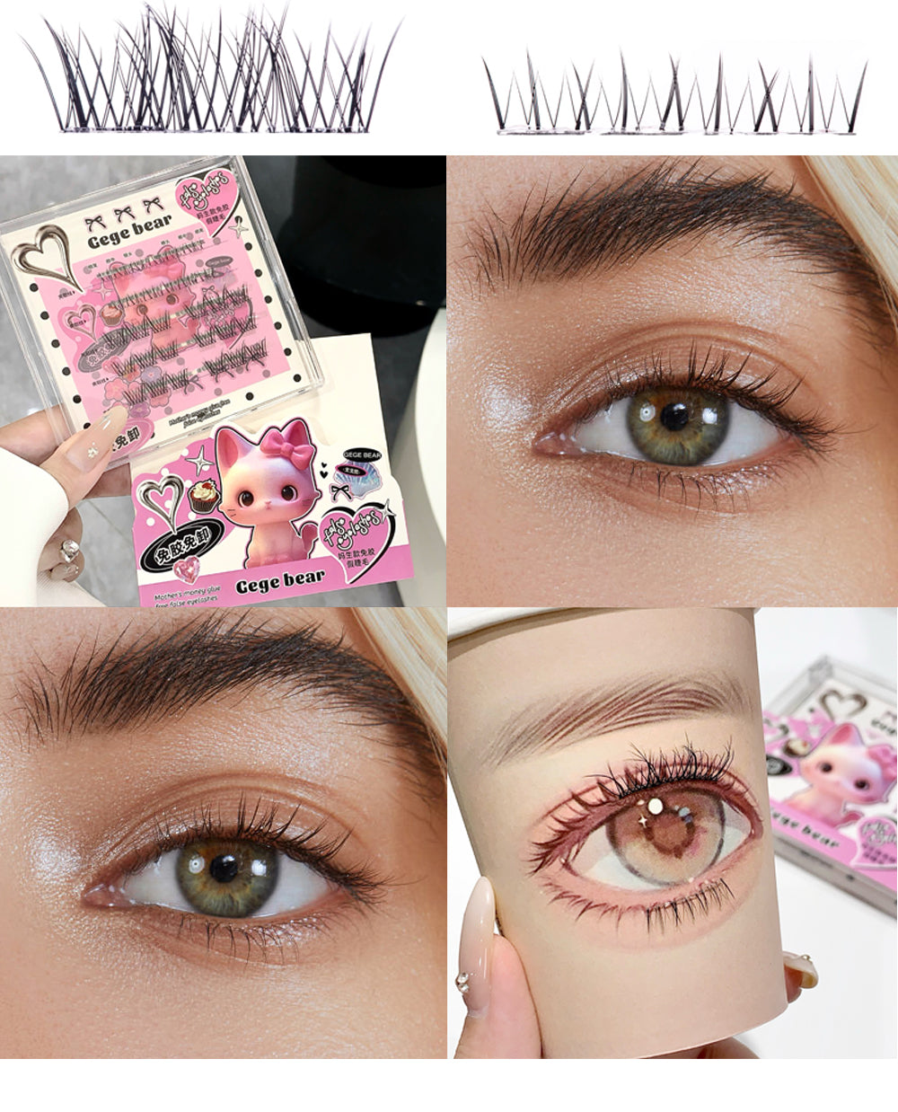 Collage of false eyelashes with packaging and application on eyes