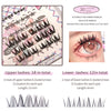 Eyelash packaging with false eyelashes and an eye wearing them, showing product details.
