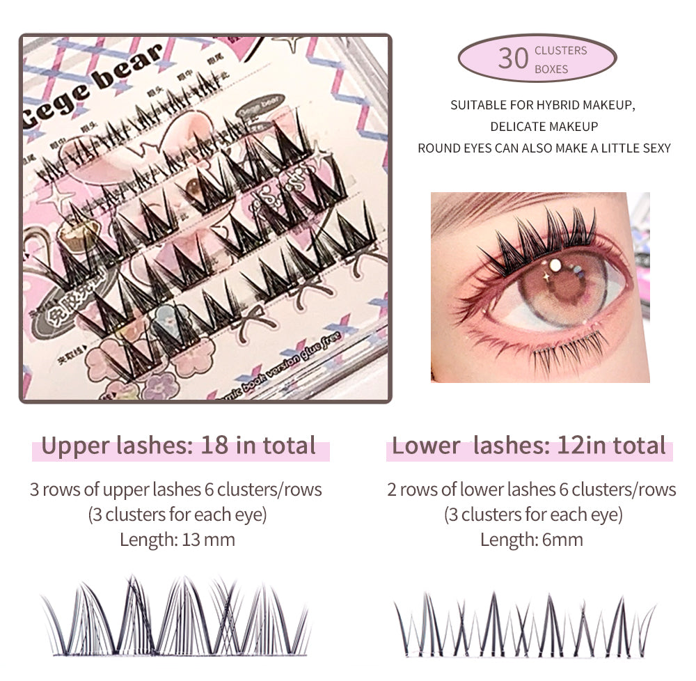 Eyelash packaging with false eyelashes and an eye wearing them, showing product details.