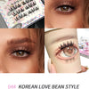 Collage of false eyelashes packaging and application on eyes with 'Korean Love Bean Style' text.