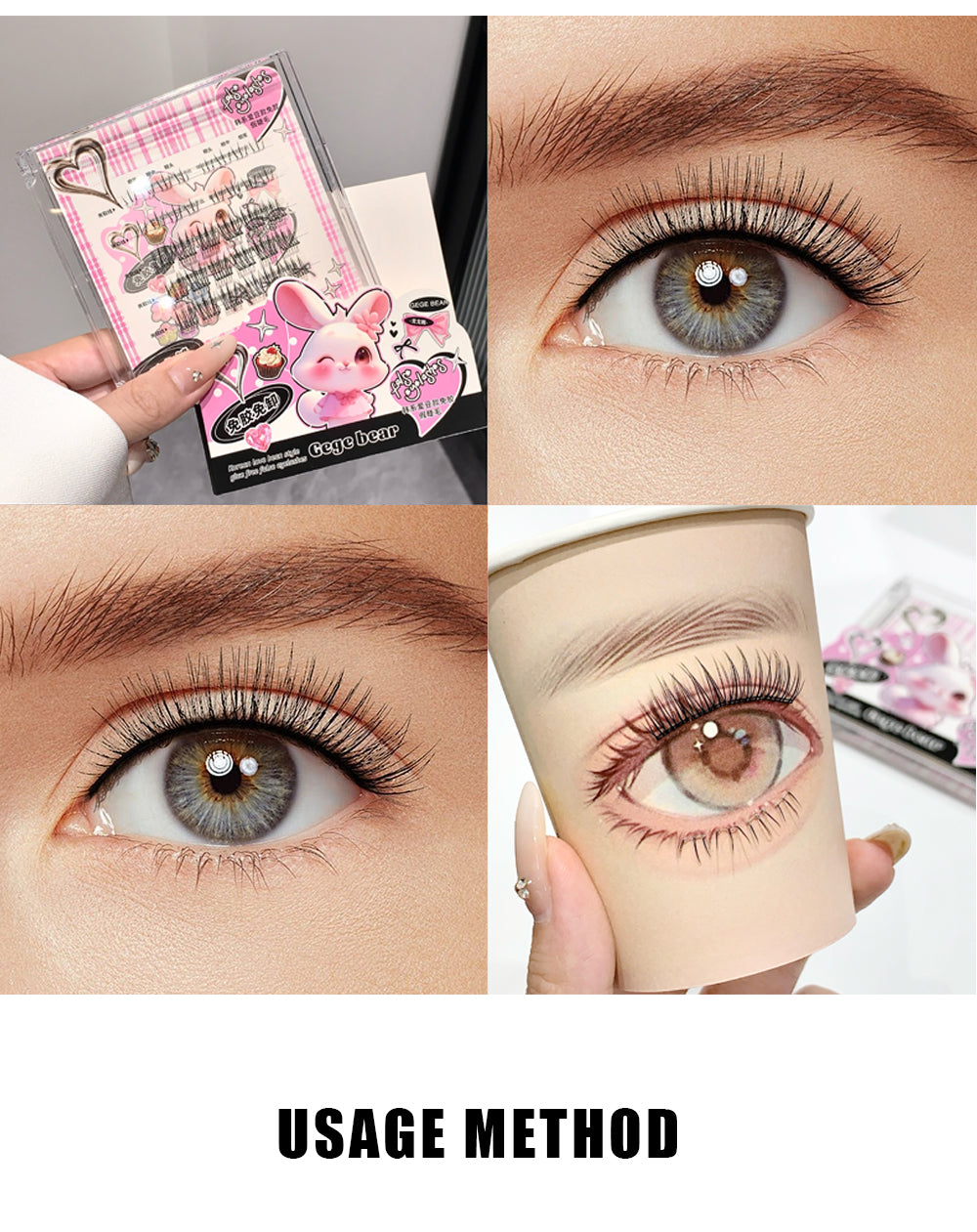 Collage of false eyelashes packaging and application on eyes with text 'USAGE METHOD'.