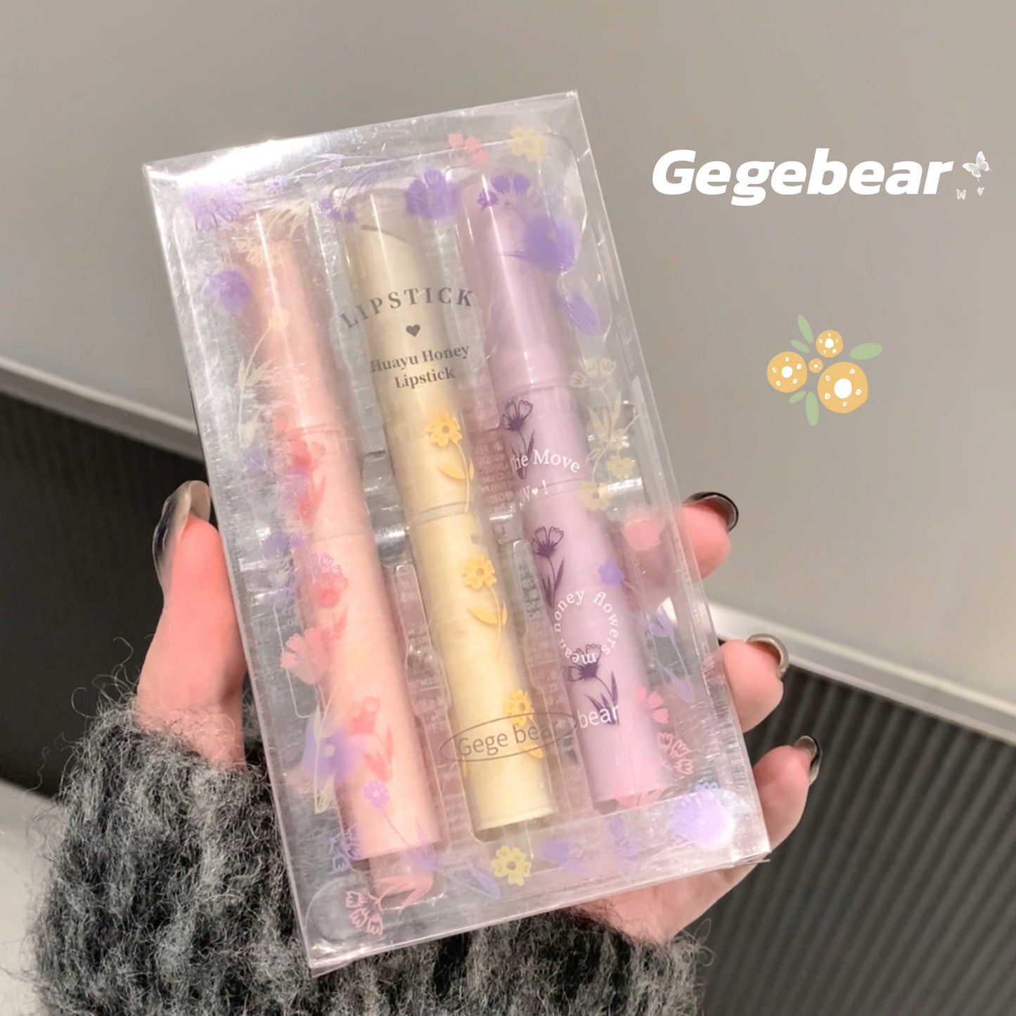 Set of lipsticks in a clear packaging with 'Gegebear' branding.
