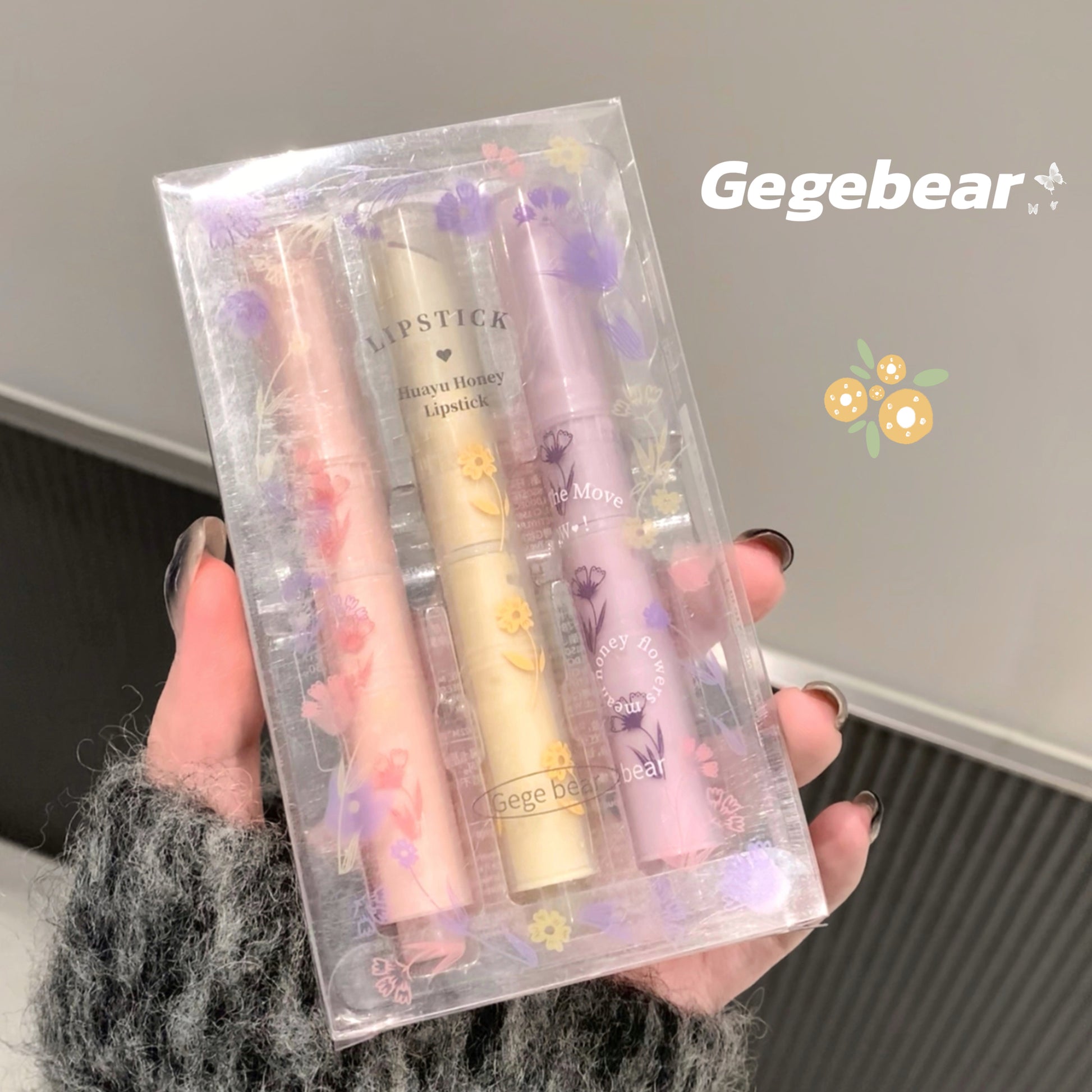 Set of lipsticks in a clear packaging with 'Gegebear' branding.