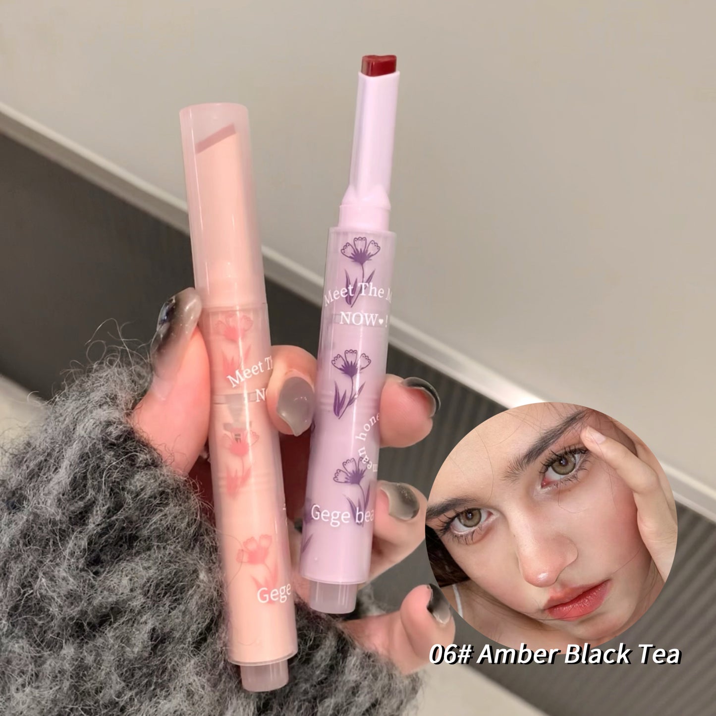 Two lip products with a close-up of a person wearing makeup labeled '06# Amber Black Tea'.
