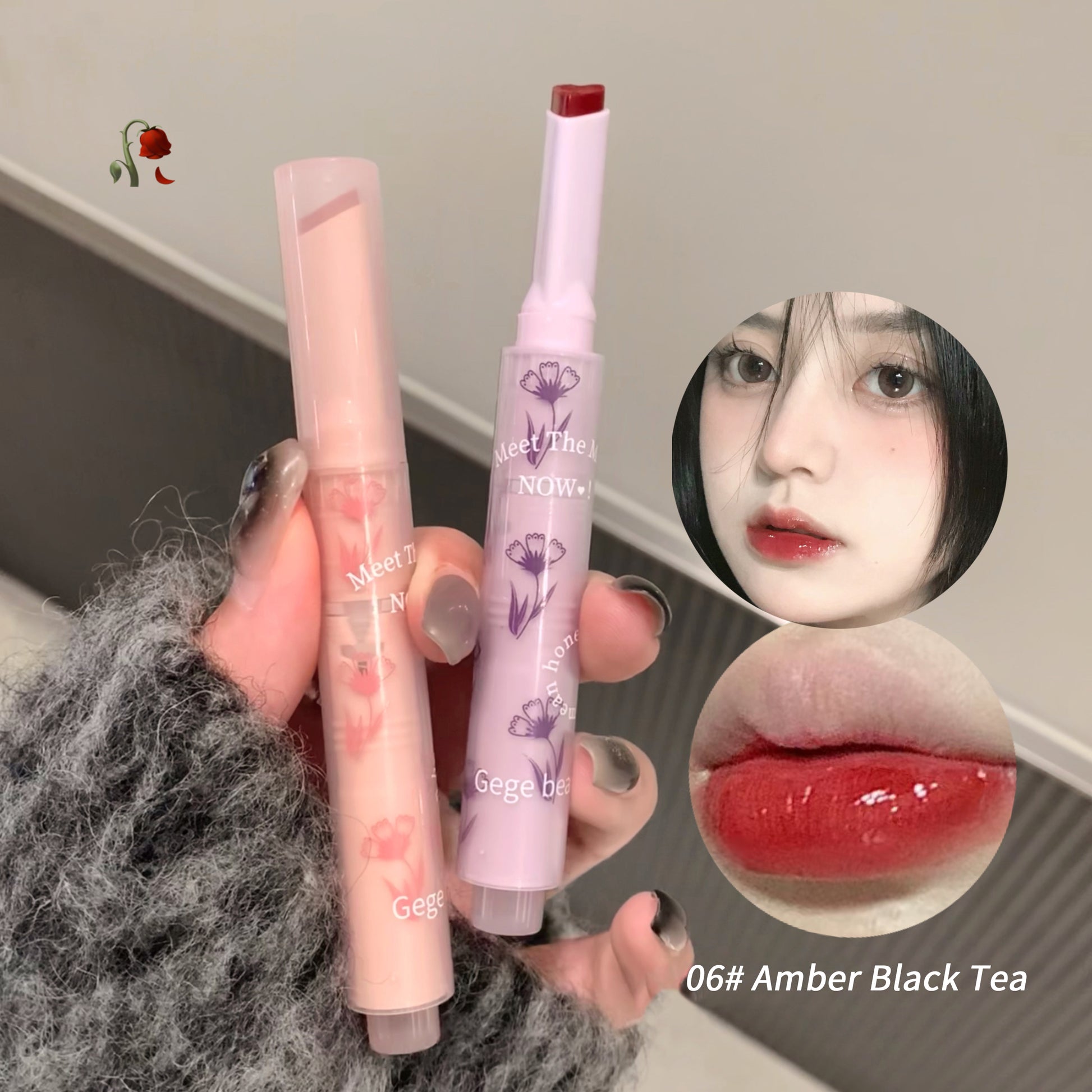 Two lip glosses with their packaging and a close-up of a person wearing one, on a neutral background.