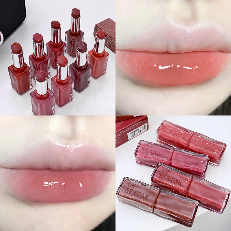 Collage of red lipsticks and lip glosses with close-up shots of lips wearing them.